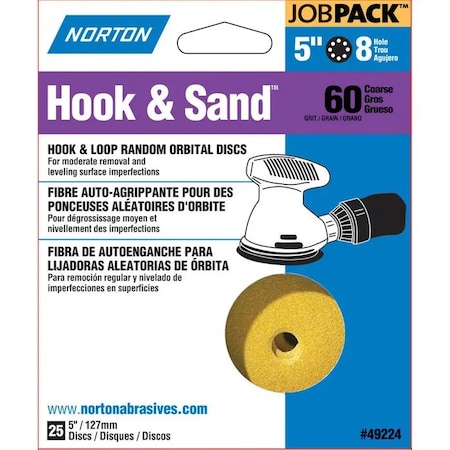 Norton Co 5" Hook & Sand 8-Hole Sanding Disc, P60-Grit, PK 25 49224